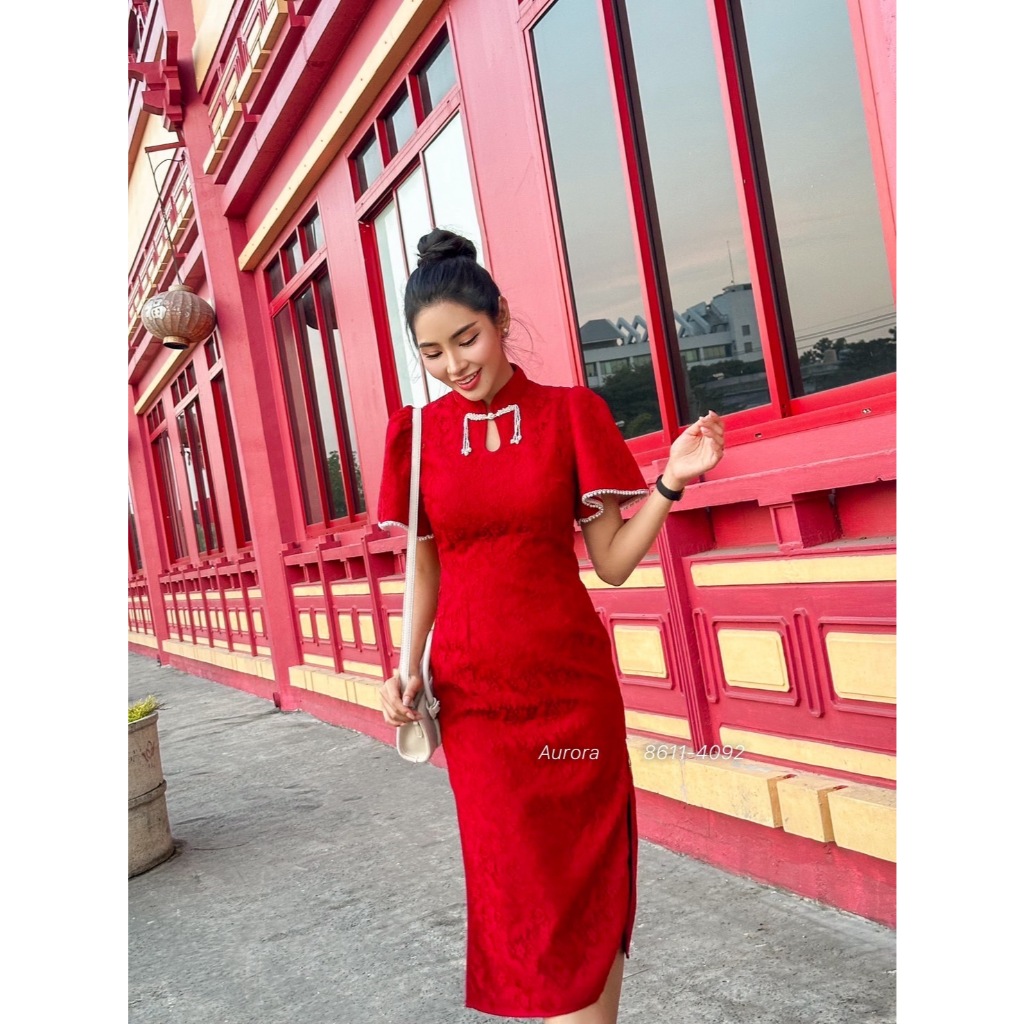 Aurora Brand 8611-4092 ชุดเดรสคอจีนเนื้อผ้าลูกไม้