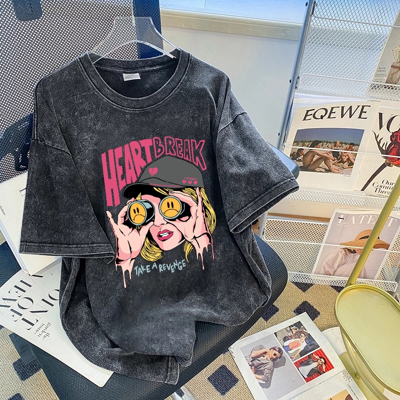 Top.street เสื้อยืด oversize 'HEART BREAK GIRL' แขนสั้น t shirt cotton แฟชั่น สไตล์เกาหลี เสื้อฟอก สีดำ 3XL