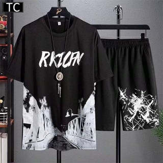 TC ชุดแฟชั่นชาย 2 ชิ้น เสื้อยืดแขนสั้น + กางเกงขาสั้น ชุดกีฬ…