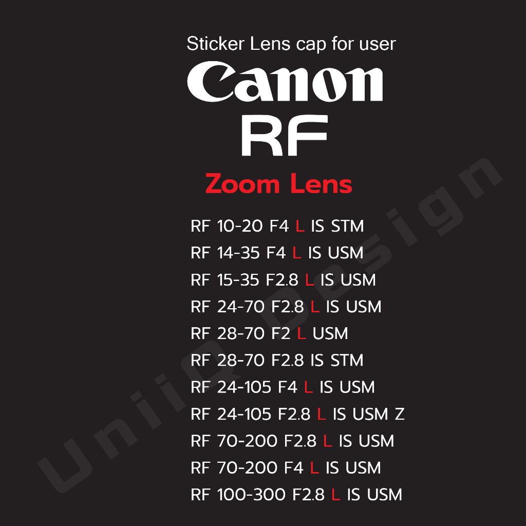 สติกเกอร์แต่งฝาหน้าหลังเลนส์ Canon RF [Zoom Lens] สไตล์Cinema บอกรุ่น/ระยะ/F แปะฝาหน้าหลังเลนส์ฮูดครบ