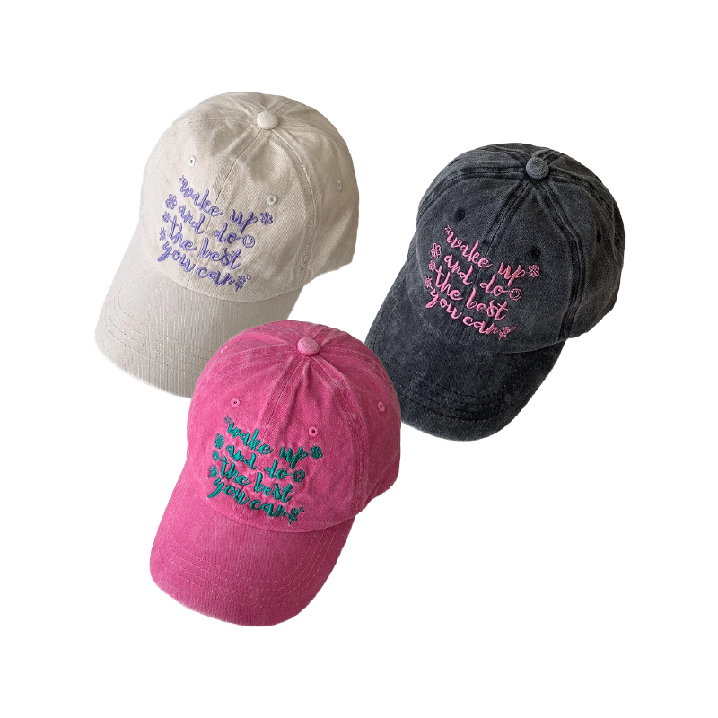 หมวกแก๊ป สไตล์วินเทจ ปักตกแต่งคำว่า "wake up and do the best" มีทั้งหมด 4 สี