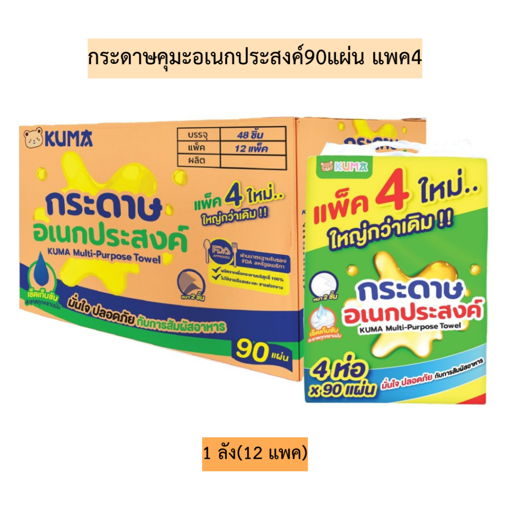 (ยกลัง)กระดาษคุมะอเนกประสงค์90แผ่น💛 12แพค/1ลัง