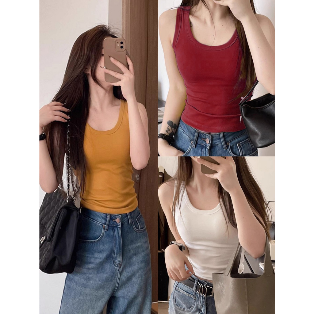 เสื้อกั๊กผู้หญิง  เกาะอก สีพื้น ครอป มีบราในตัว รัดรูป ฟองน้ำในตัว ใส่สบาย ยืดหยุดดีเสื้อซับ สาวอวบใส่ได้ เสื้อแขนกุด
