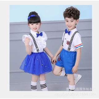 ชุดการแสดงเด็กผู้หญิงและผู้ชายสีฟ้าขาวสายลาย (พร้อมส่งในไทย)