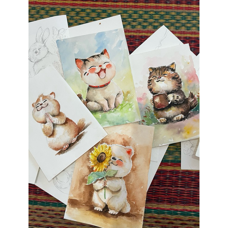 ภาพวาดแมว ภาพสัตว์น่ารัก ภาพตั้งโต๊ะ ตกแต่งติดผนัง ภาพวาดสีน้ำ ขนาด 5*7 นิ้ว นำไปตกแต่งให่สวยงาม