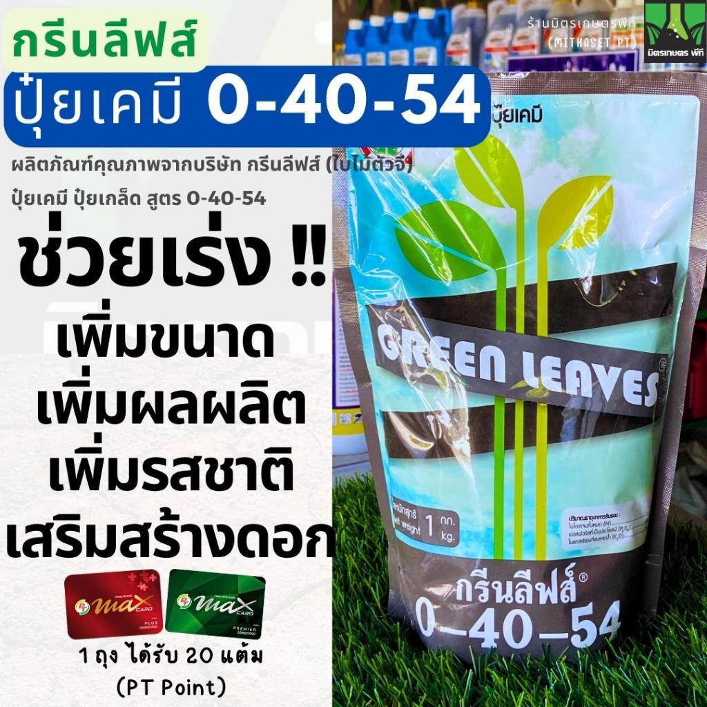 ปุ๋ยเกล็ด 0-40-54 กรีนลีฟส์ ช่วยให้พืชลดการแตกใบอ่อน เพิ่มขนาด เพิ่มผลผลิต เพิ่มรสชาติ เสริมสร้างดอก