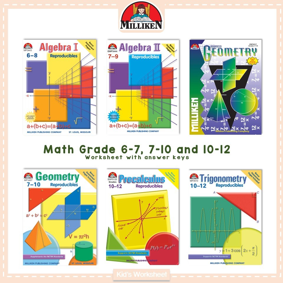 Math Worksheet Algebra I,  Algebra II, Geometry and Trigonometry for High School-Grade 12 with Answer Keys