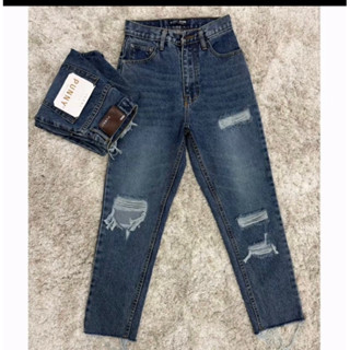 กางเกงยีนส์ทรงบอยแต่งขาดไม่ยืด