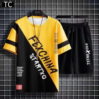 TC ชุดแฟชั่นชาย 2 ชิ้น เสื้อยืดแขนสั้น + กางเกงขาสั้น ชุดกีฬาและชุดพักผ่อนนุ่มสบายและระบายอากาศได้ดี รุ่น2816