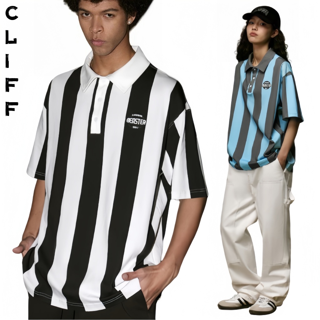 CLIFF เสื้อโปโลผู้ชายลายทาง เสื้อยืดกีฬาสีเย็บ แฟชั่นทรงหลวมไซส์ใหญ่ ชุดคู่รัก