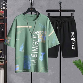 YOYO ชุดแฟชั่นชายเสื้อยืดแขนสั้น + กางเกงขาสั้น ผ้าแห้งเร็วห…