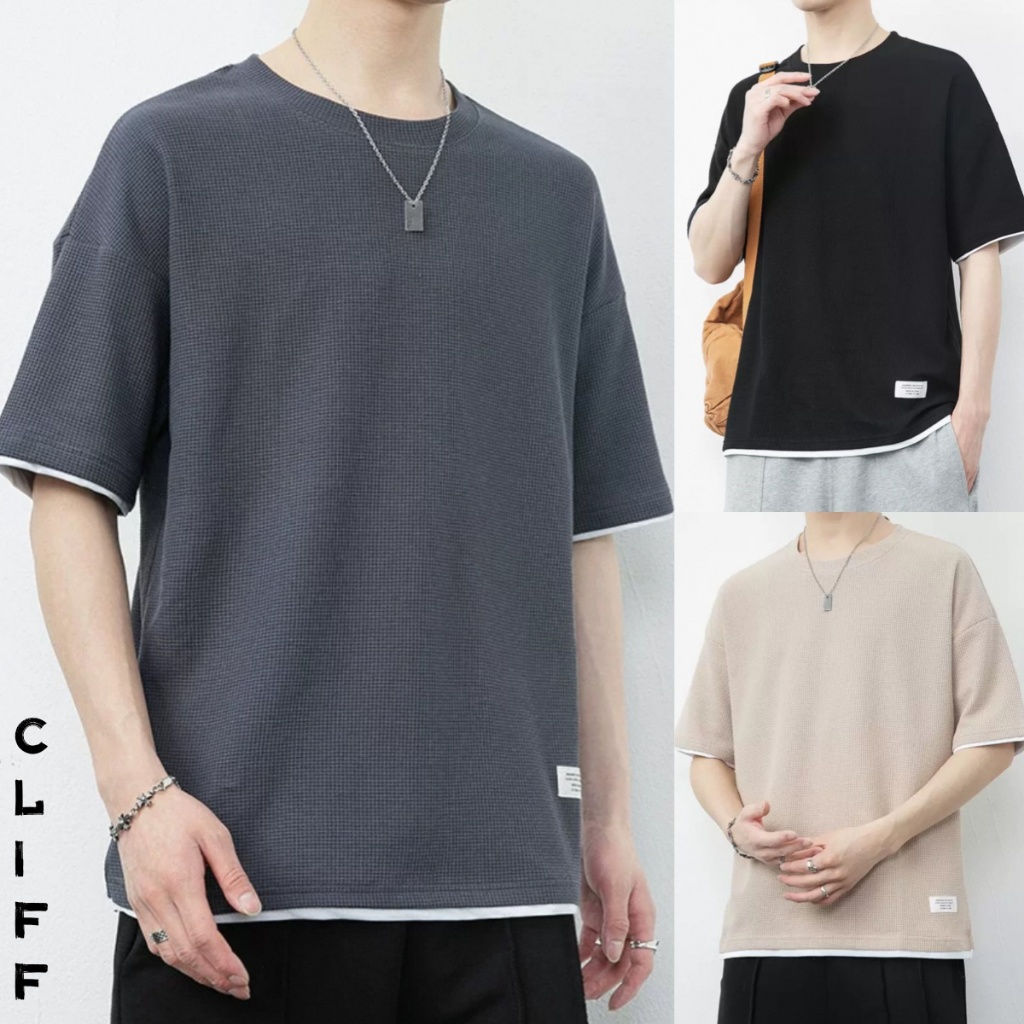 CLIFF แขนสั้นผู้ชาย วาฟเฟิลด์ แฟชั่นสไตล์เกาหลีแมทช์ลุคง่าย เสื้อลำลองทรงหลวม