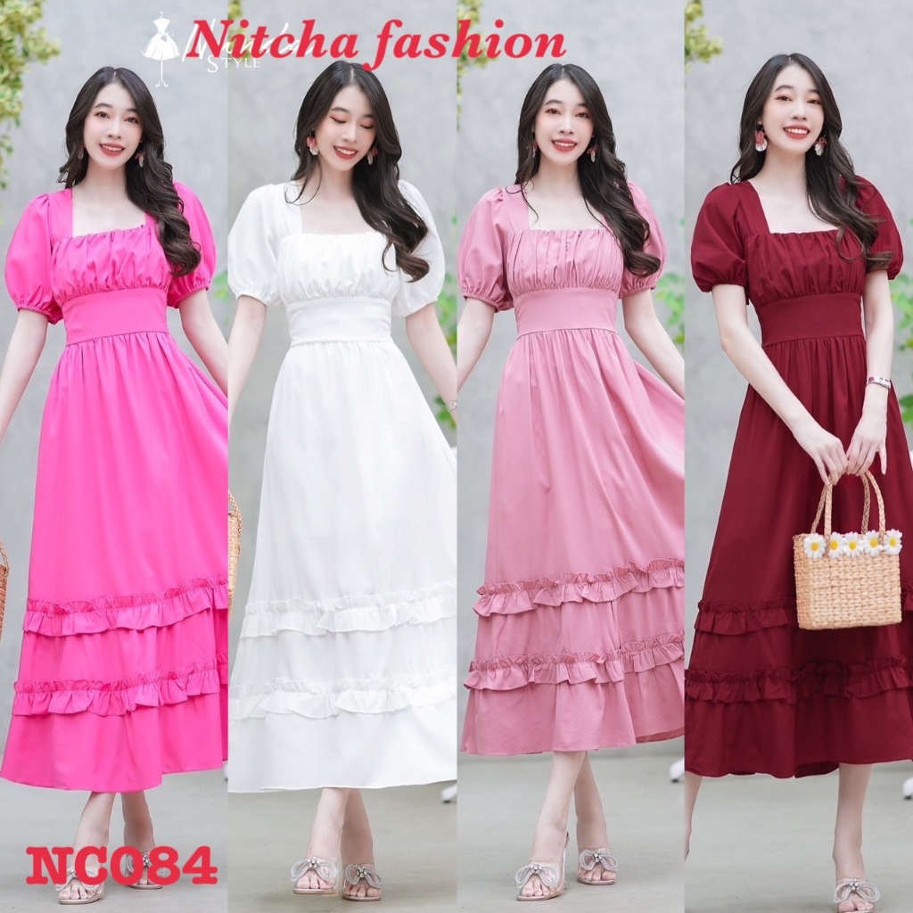 NCB0084 แม็กซี่เดรสคอเหลี่ยม แขนสั้นปลายจั๊ม เอวสม็อคหลังพร้อมสายผูก ผ้าไหมอิตาลี