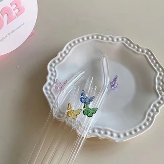 (พร้อมส่ง)💖หลอดแก้วประดับผีเสื้อ หลอดผีเสื้อ หลอดดื่มแบบใช้ซ้ำได้ 1 ชิ้น 8 มม.