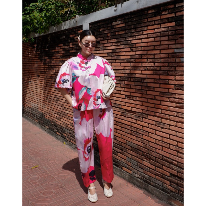 SET เสื้อคอจีนแขนตุ๊กตากระดุมจีนกางเกงขายาว ชุดจีนผู้หญิง