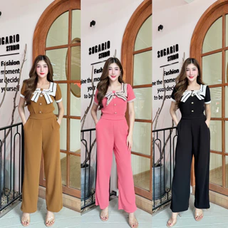 สินค้าพร้อมส่ง ชุดเซตยาวทรูโทน ผ้าวูลเวฟ เสื้อคอปกแต่งกุ้นโบว์หน้าแต่งกระดุมเมอแรง+กางเกงเอวเรียบสม็อคหลังมีกระเป๋า A579