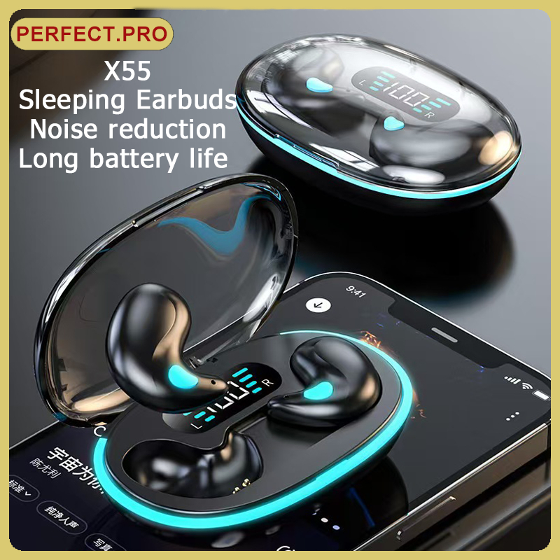 หูฟังไร้สายบลูทูธสเตอริโอกันน้ำ Mini X55 พร้อมเคสชาร์จ หูฟังสำหรับนอนหลับ ตัดเสียงรบกวน จอแสดงผล LED แบบดิจิทัล