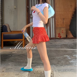 Modarise🌟กระโปรงมินิชั้นเดียว A-line ของผู้หญิง Y2K กระโปรงกางเกง ลายดอกไม้เล็กๆ นัวเนีย /ชายระบาย