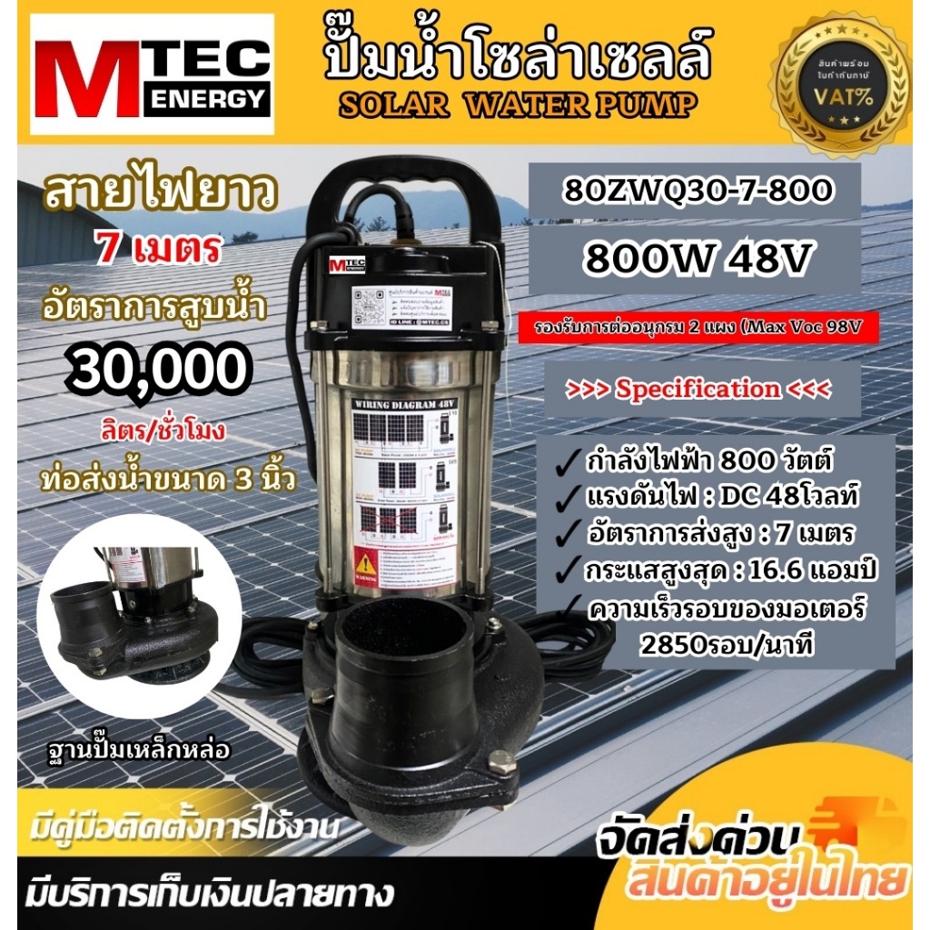 ปั๊มน้ำโซล่าเซลล์ รุ่น 80ZWQ30-7-800 ท่อส่งน้ำ ขนาด 3 นิ้ว (3 Inch) - Solar Water Pump (บัสเลส 100%)