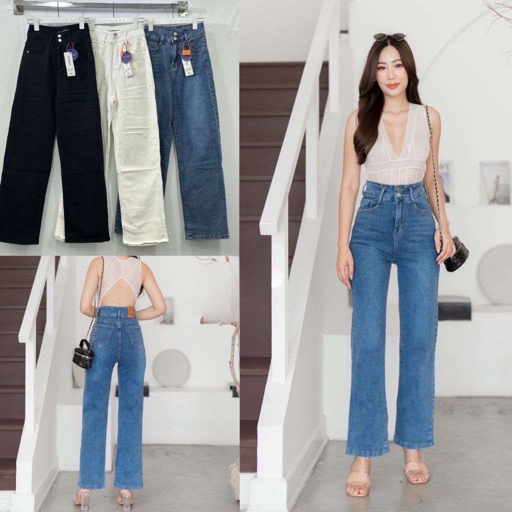 ninn jeans👖#5660 กางเกงยีนส์ ขายาวผ้ายืด ทรงกระบอก เอวสูงปรี๊ด งานพรีเมี่ยมนำเข้า