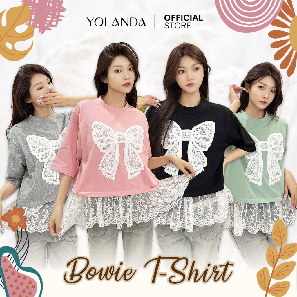 Yolanda เสื้อยืด แต่งโบว์ ผ้าลูกไม้ เสื้อคอกลมแขนสั้น T-Shirt เสื้อผ้าแฟชั่นผู้หญิง ผ้านุ่ม FF1053