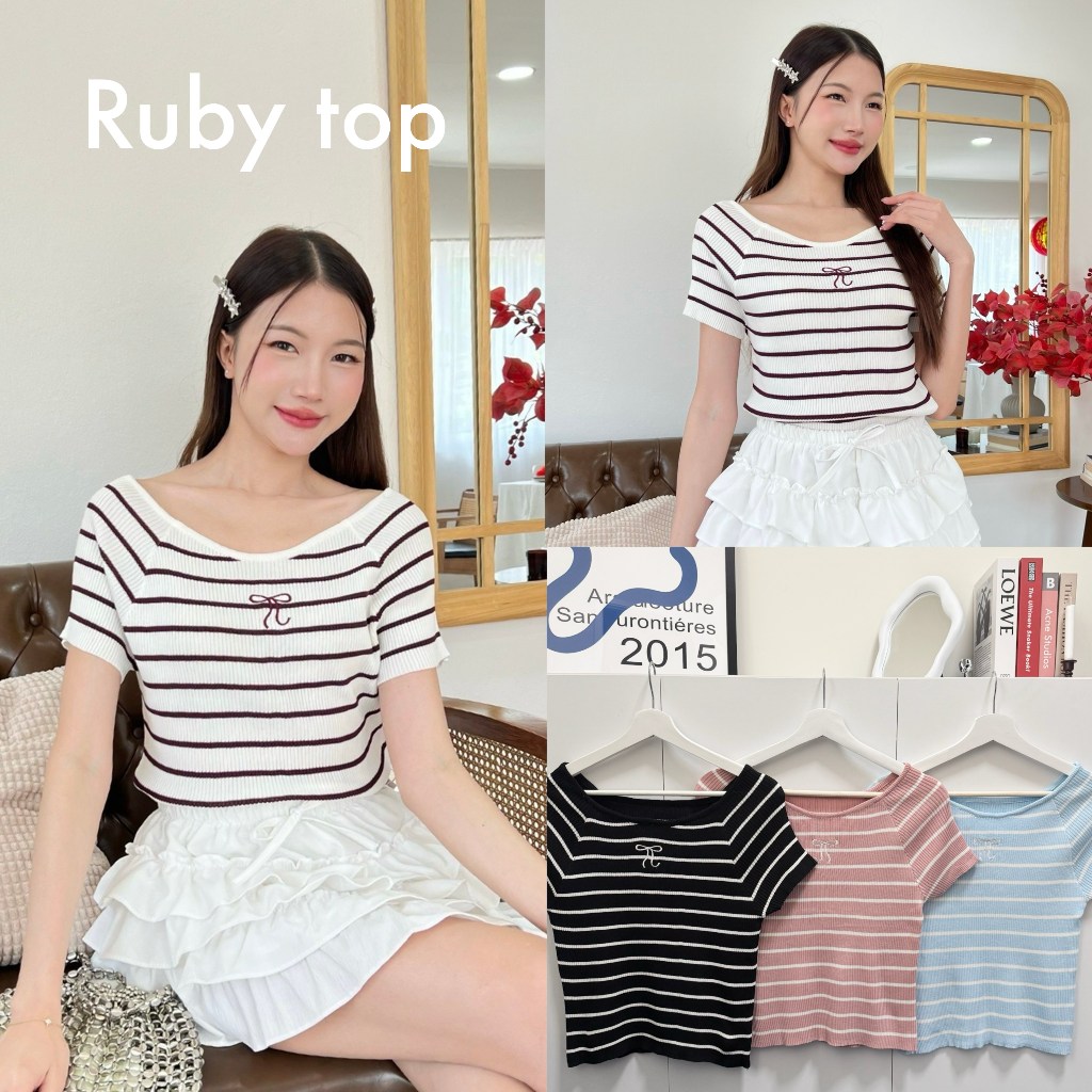 88story.th - Ruby top พร้อมส่ง เสื้อยืดคอเว้าลายริ้วงานปักโบว์