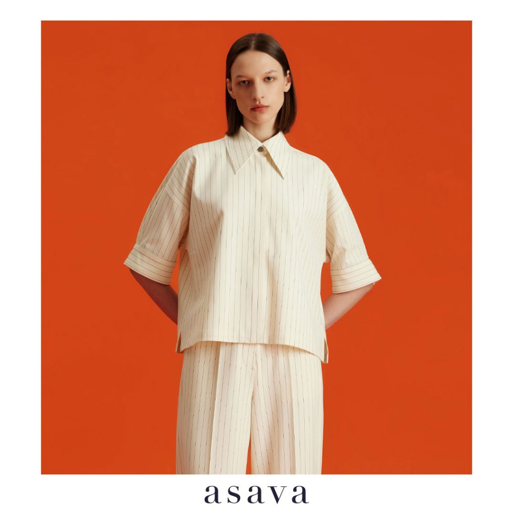 [asava aw24] Asava Pinstriped Cropped Shirt เสื้อผู้หญิง ทรงครอป แขนสั้น กระดุมหน้า ผ้าลายทาง