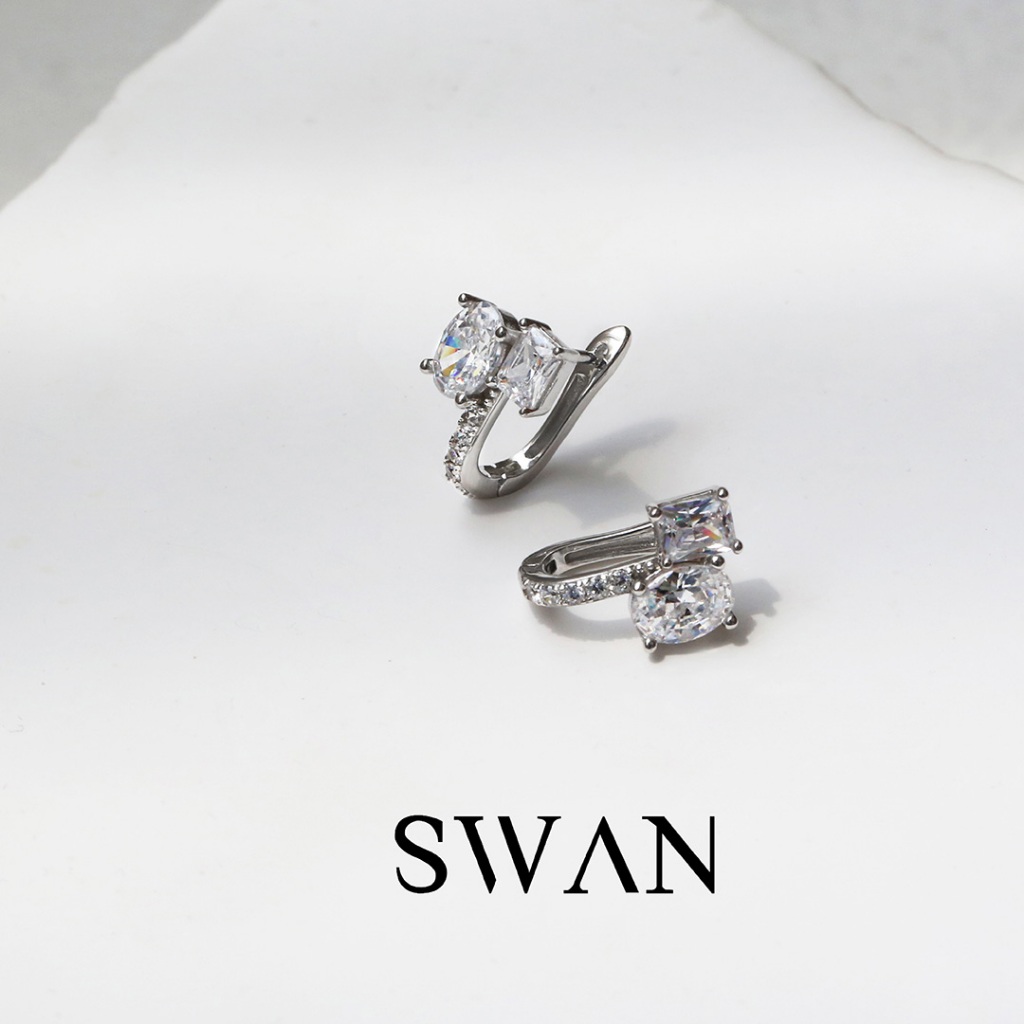 Swan حلق فضة حقيقية بحجرين زركون