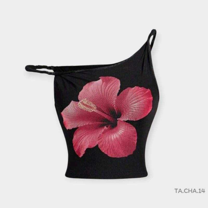 พร้อม​ส่ง​ 🍒🌈 เสื้อสา​ยเดี่ยว​ ไหล่เอียง​ พิมพ์​ลาย​ดอกไม้​ เสื้อ​ใส่​ไป​ทะเล​ เสื้อ​สงกรานต์​ สีดำ