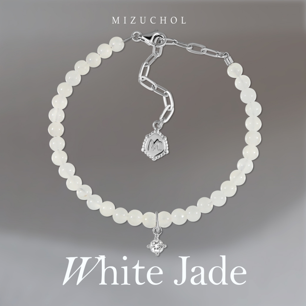Mizuchol กำไลเงินแท้ชุบทองคำขาว ประดับหยกขาว และพลอย White Topaz แท้ - Spell Of White Jade Bracelet