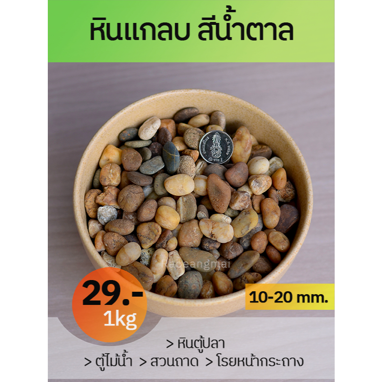 ถุงละ 1 กก. ครับผม หินแม่น้ำ เม็ดใหญ่ สีน้ำตาลคละสี ล้างทำความสะอาดให้แล้วครับ ตู้ปลา แต่งตู้ ไม้น้ำ ได้เลยครับ