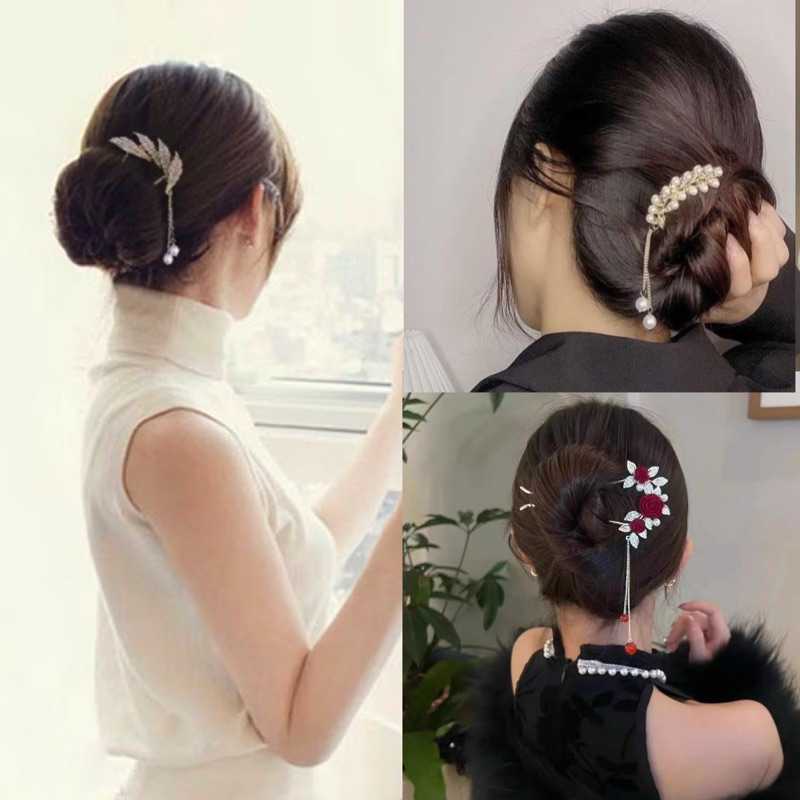 SET N031 กิ๊บติดผมใบไม้รูปตัว U ประดับไข่มุก Rhinestone รูปตัวยูสง่างาม