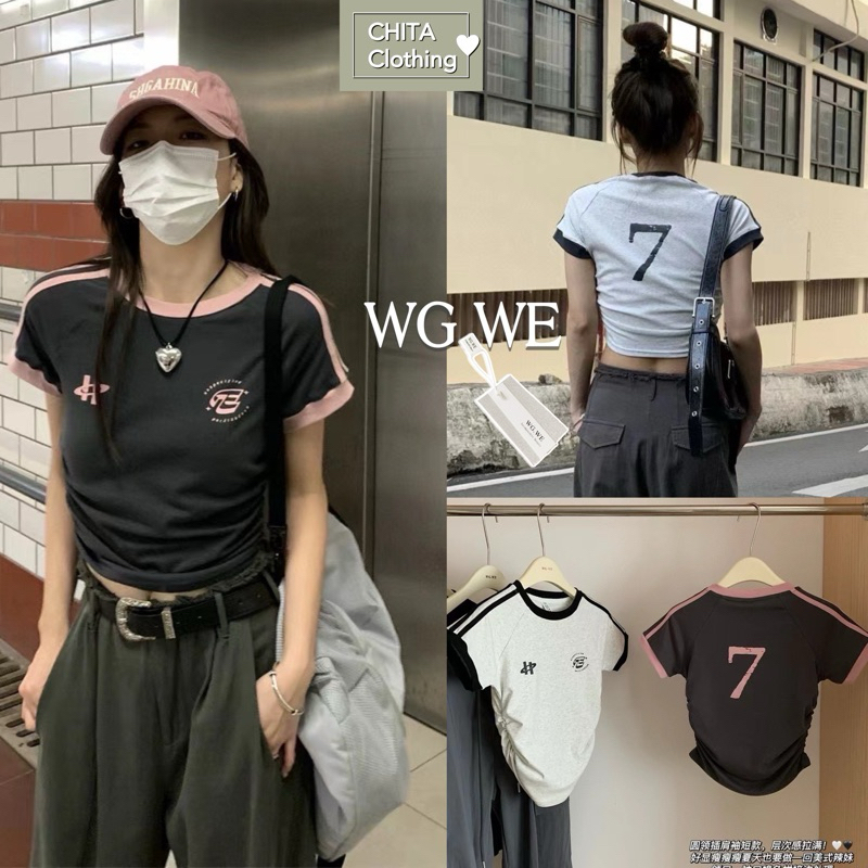 7843#เสื้อแขนสั้น สกรีนหน้า - หลัง จับจีบย่นช่วงเอว TAG:WG.WE