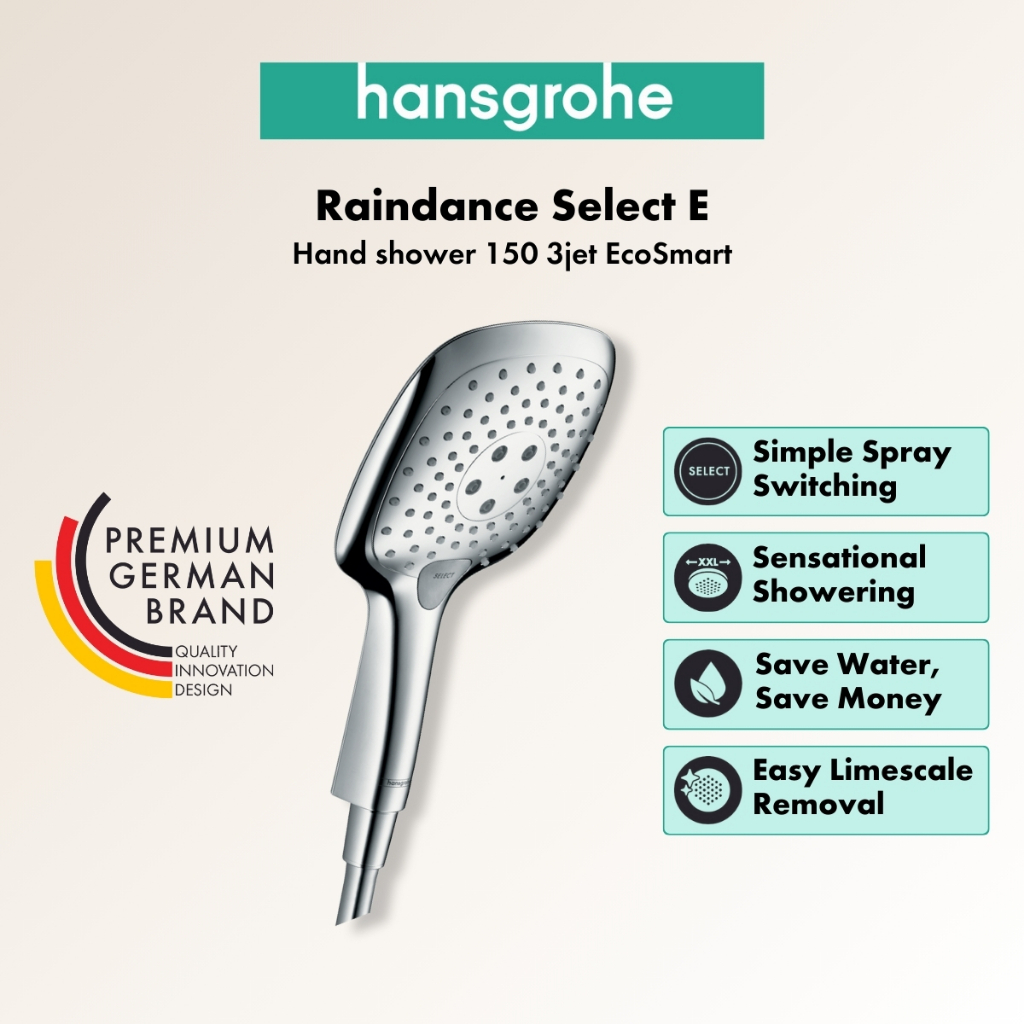 Hansgrohe Raindance Select E ฝักบัวมือ 150 มม. 3 โหมดน้ำ พร้อมฟังก์ชันประหยัดน้ำ EcoSmart 9 ลิตร/นาที รุ่น HG26551000