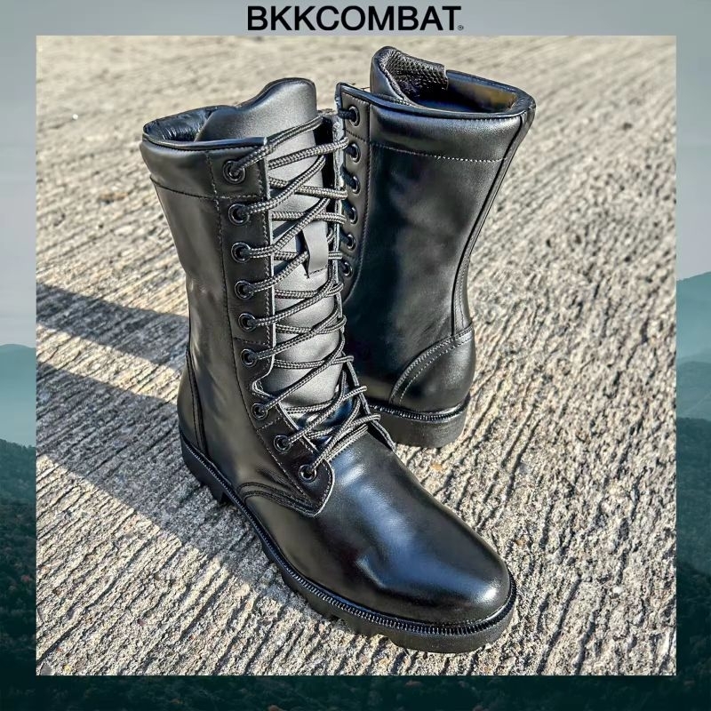 คอมแบท bk009S ซิป พื้น อส. สูง10นิ้ว หนังวัวแท้ หนังนิ่มขัดเงา ทรงหัวแหลมแนะนำใส่ +1ไซส์