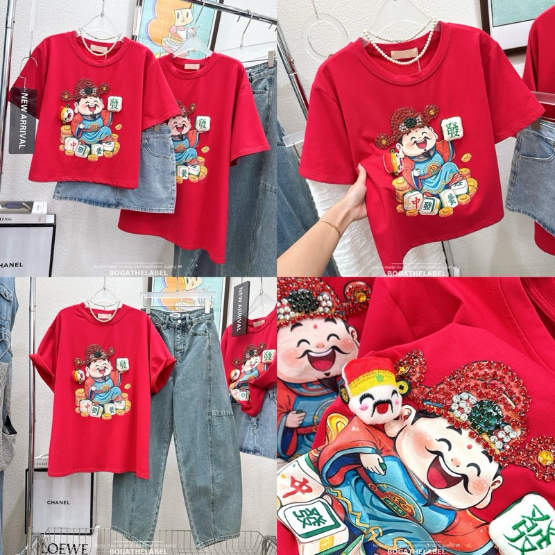 • Fortune god crop & tee •เสื้อครอปผ้าคอตตอนเนื้อดี สกรีนลายน่ารักความหมายดี เพิ่มดีเทลเย็บนูนและตอกเพชรแน่นๆแบบวิ้งสุดๆ