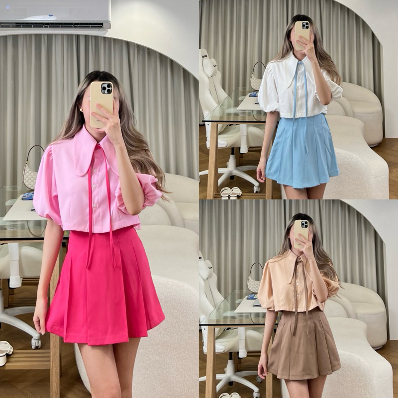 ชุดเซตเสื้อเชิ้ตแขนบอลลูน แต่งโบว์ [ลดล้างสต็อก เตรียมรีแบรนด์ หมดแล้วหมดเลย]
