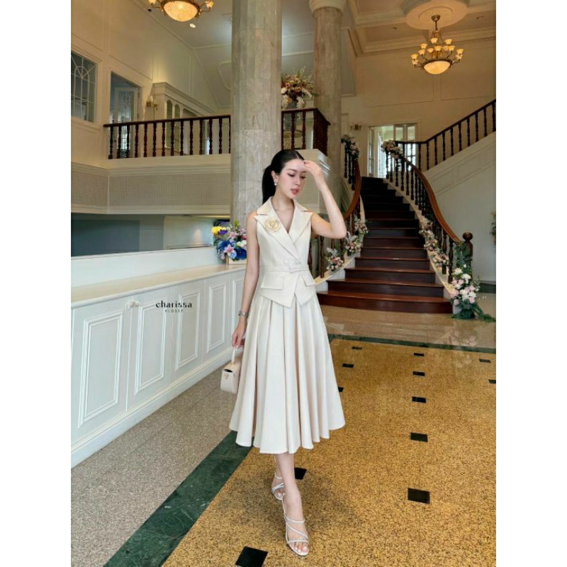 (S-XL)  CHARISSA 📣พร้อมส่งเซ็ทเสื้อแขนกุด+กระโปรงยาว+เข็มขัด+เข็มกลัดดอกไม้ทรงสวยเข้ารูปเนื้อผ้าอย่างดี - รูปที่ 4