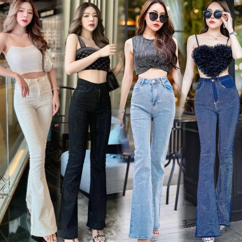 พร้อมส่งBu8045💎 กางเกงยีนส์ขาม้าเอวสูงแต่งเพชรแน่นๆผ้ายืดหยุ่นแพทเทิร์นสวย ยีนส์ขาม้า กางเกงยีนส์เพชร