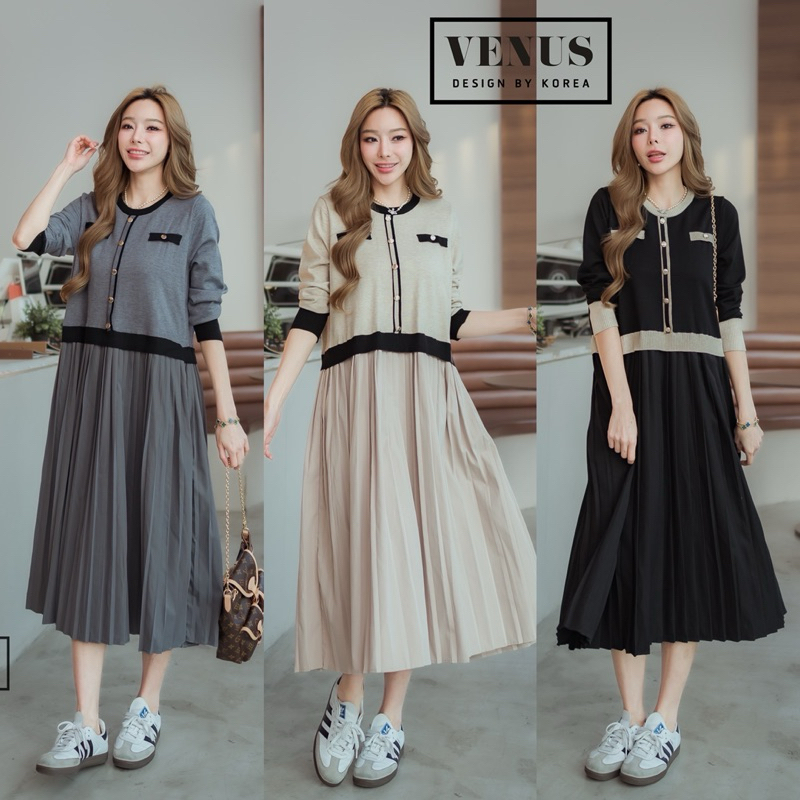 Cotton Rim Long Sleeve Patch Pleat Maxi Dress