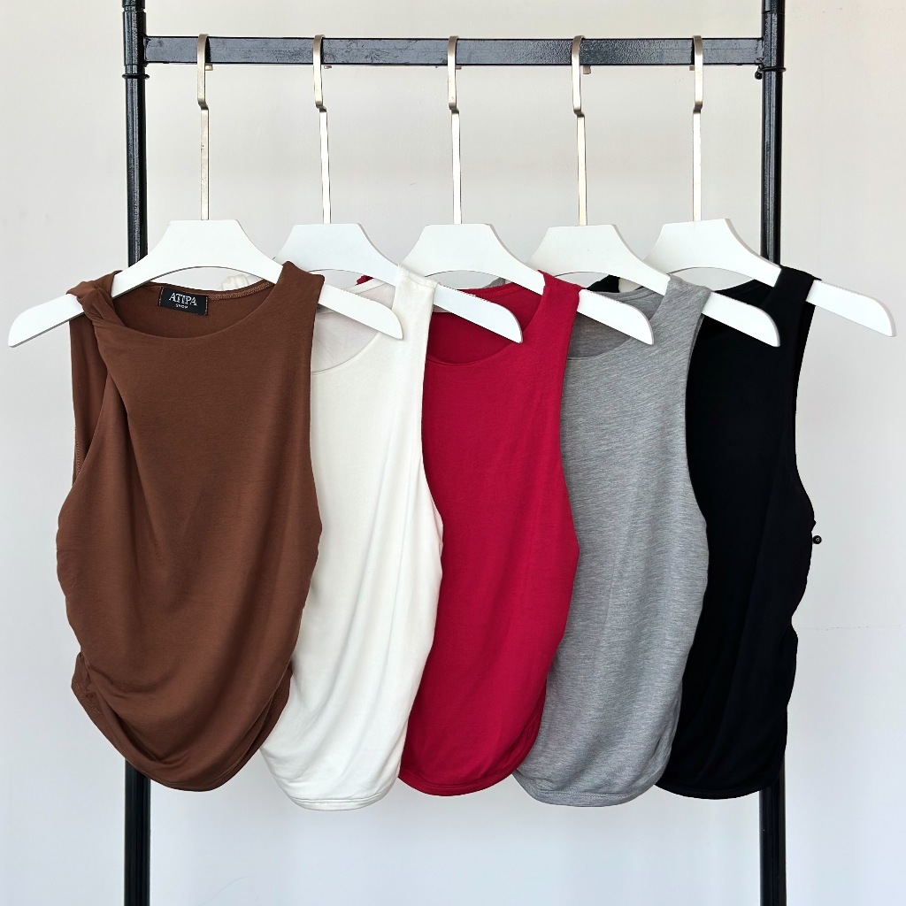 Atipashop - LAYLA TOP เสื้อกล้าม แขนกุด คอกลม ดีดทลจับจีบข้าง