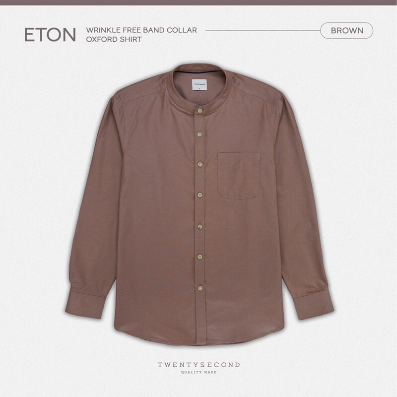 TWENTYSECOND เสื้อเชิ้ตแขนยาว ปกคอจีน รุ่น Eton Wrinkle Free Band Collar Oxford Shirt - น้ำตาล / Bro