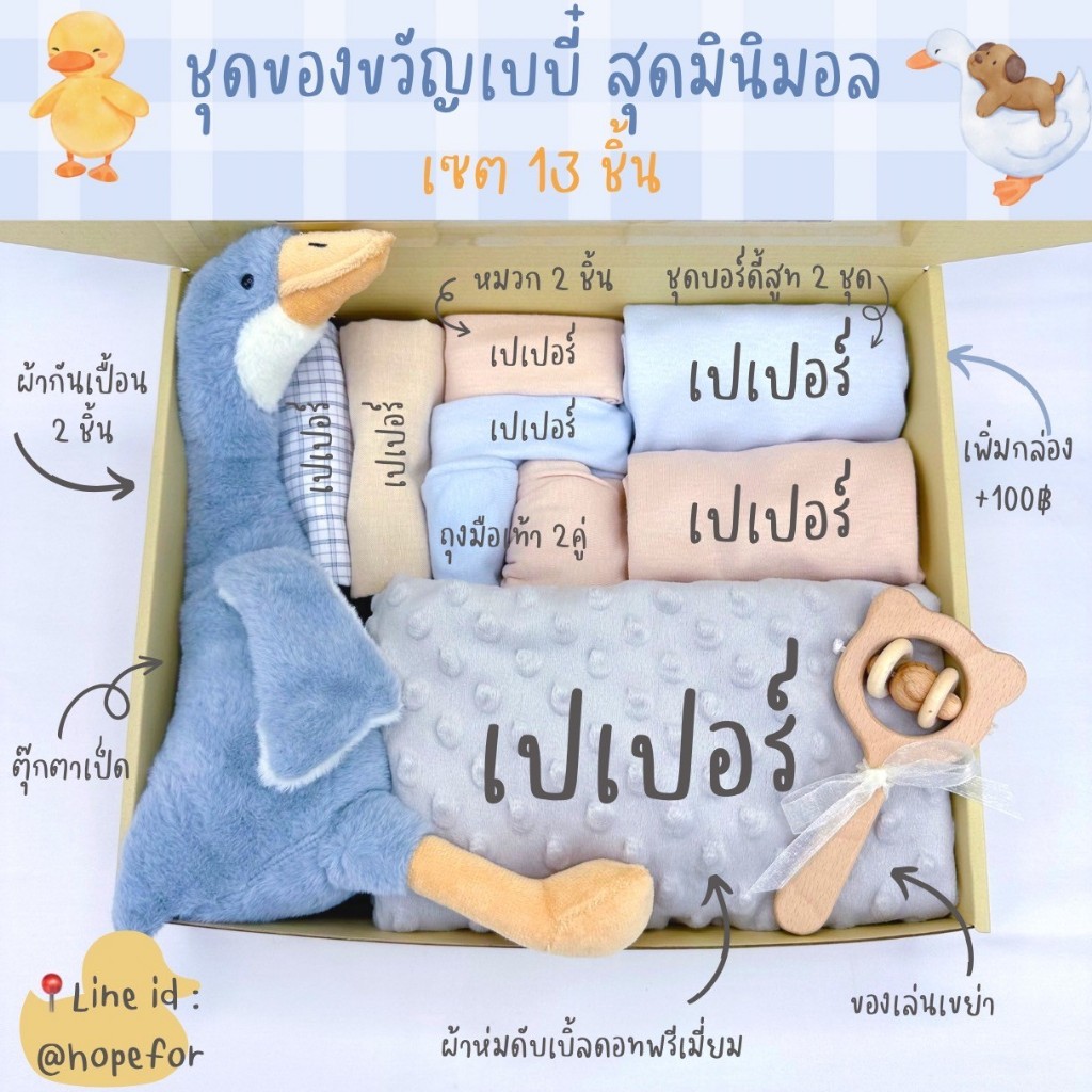 ชุดของขวัญเด็กแรกเกิด ผ้ากันเปื้อนปักชื่อ รอมเปอร์ปักชื่อ ตุ๊กตากระต่ายปักชื่อ ผ้าห่มปักชื่อ เซ็ตของขวัญรับขวัญหลาน