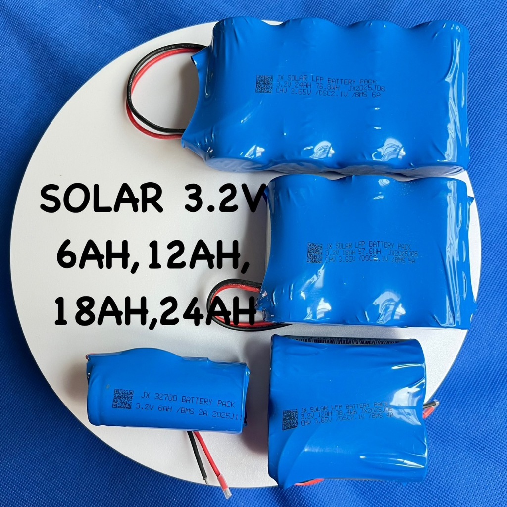 ถ่านชาร์จ โคมไฟโซล่าเซล ชนิด LifePo4(ลิเธียมฟอสเฟต)  32700, 3.2V, 6000-24000 mAh มีสายไฟไว้เชื่อมต่อ