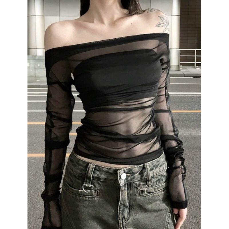 Blacky 🖤 เสื้อเกาะอกซีทรูแขนยาว สีดำ เซ็กซี่ ดูแพง 🖤 พร้อมส่งจากไทย 🇹🇭