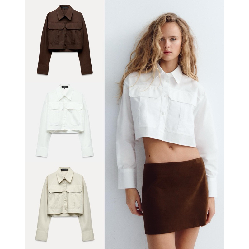 (ของแท้ ) Zara cropped poplin shirt เชิ้ตแขนยาว ทรงครอป มี 3 สี