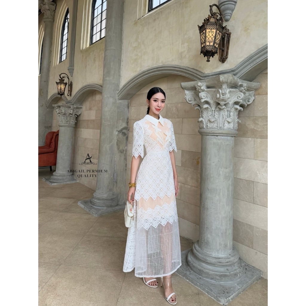 ABIGAIL BRAND ABG174 ชุดเดรสยาวคอปก ตัวเดรสดีเทล2ชั้น