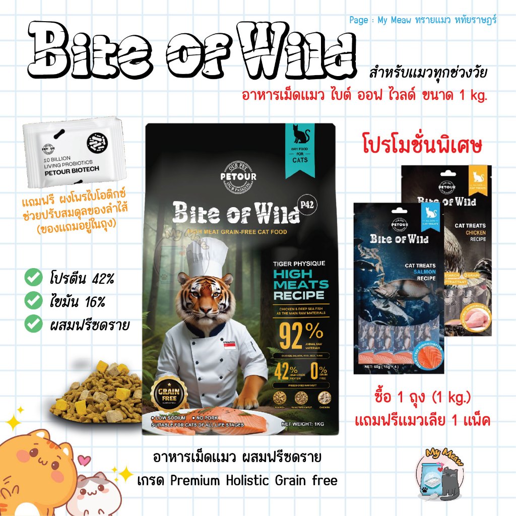 แถม แมวเลีย 1 แพ็ค Bite of Wild 1 kg. อาหารแมว แบบเม็ด ไบท์ ออฟ ไวลด์ Premium Holistic ฟรีซดราย