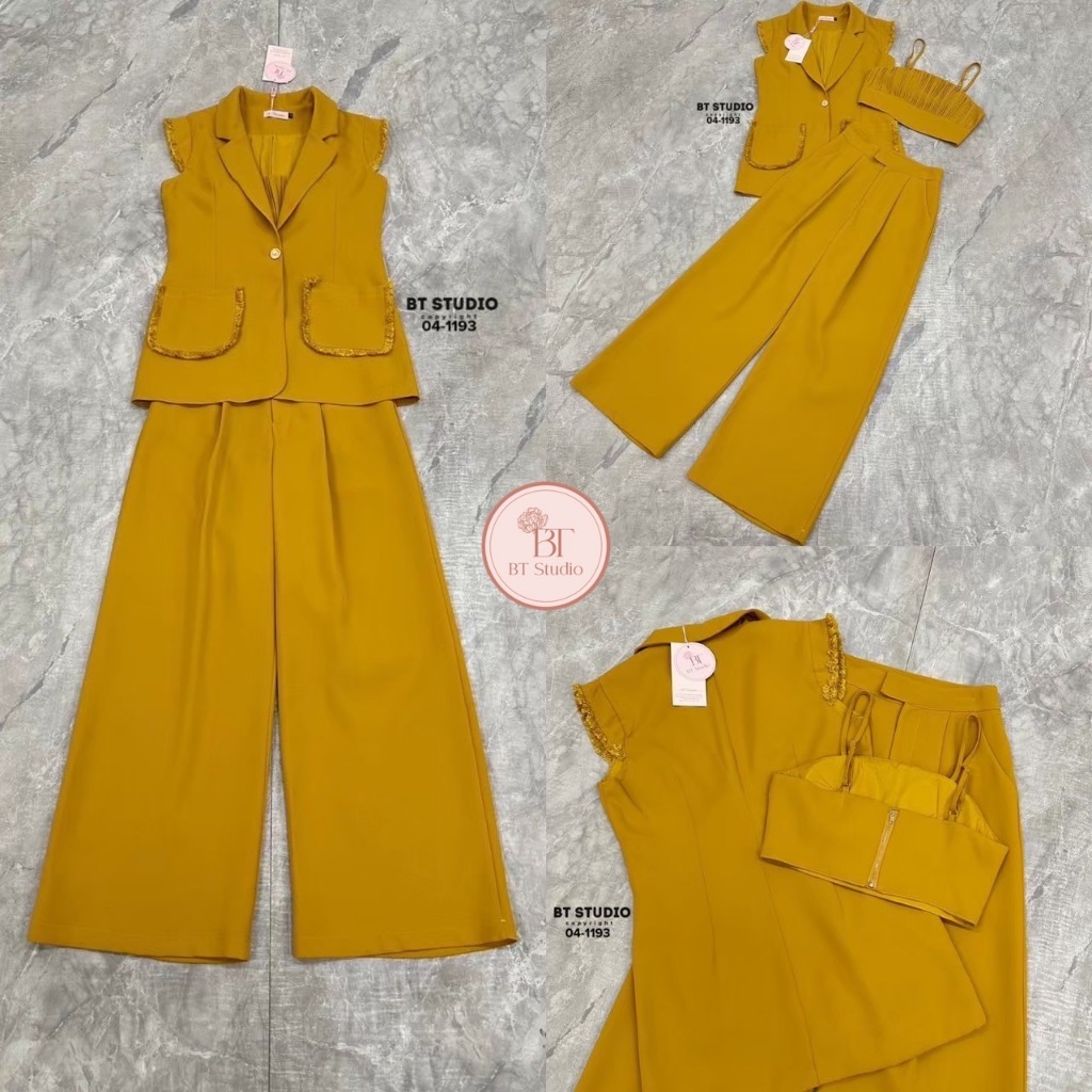 BT 04-1193 เซท 3 ชิ้น เสื้อเบเซอร์แขนกุด กับเสื้อครอปสั้นสายเดี่ยว อกเสริมฟองน้ำ แมทซ์กับกางเกงขายาวเอวสูง