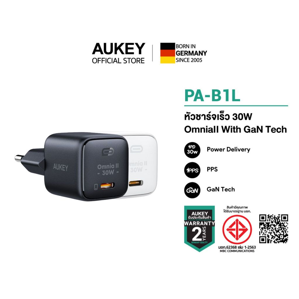 [สินค้าขายดี] AUKEY PA-B1L หัวชาร์จเร็ว 30W Omnia II Series GaN Power Tech